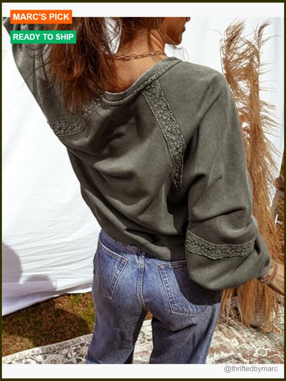 Cropped Lace Sweatshirt Long Sleeve Notch Neck Pullover Casual Fall Top - Picture 2 of 6